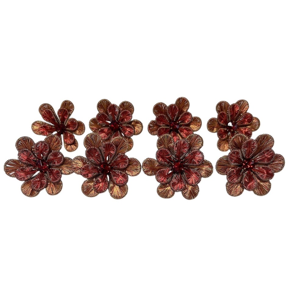 Pier 1 Wired Beaded Napkin Rings Flowers Gold‎ and Red Set of 8